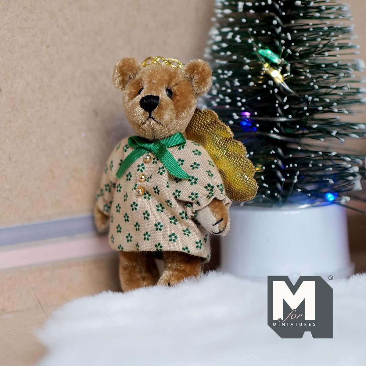 1:12 Scale Miniature Plush Angel Bear, Floral Dress and Gold Wings, 2-1/2 inch tall, DIY Dollhouse Supply