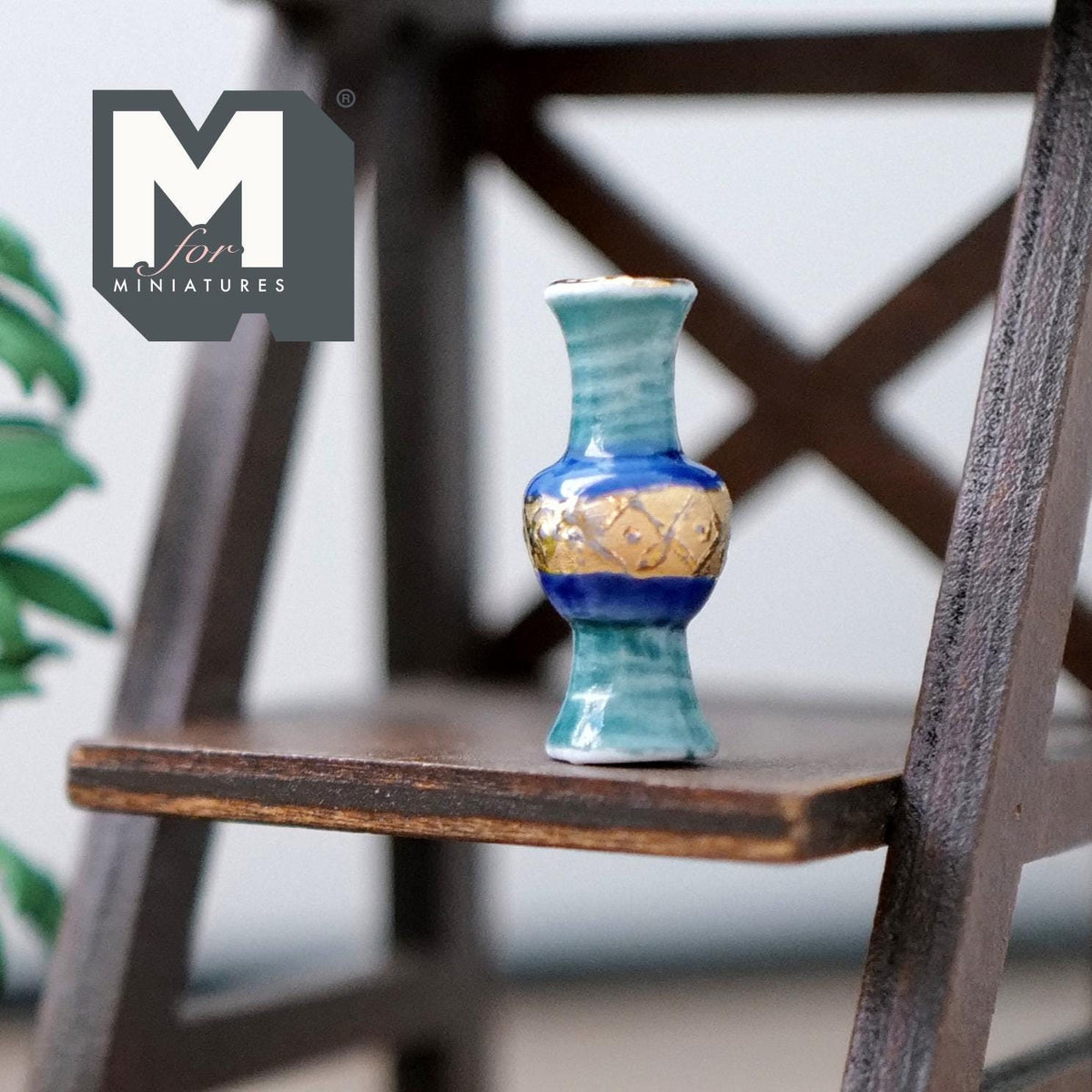 1:12 Scale Miniature Ceramic Beaker Vase, Patterned Body, White Neck, 1-1/8 inch tall, DIY Dollhouse Supply (teal)