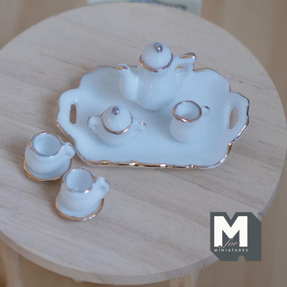 1:12 Scale Miniature Ceramic Tea Set with Gold Trim, Set of 8, DIY Dollhouse Supply (white)