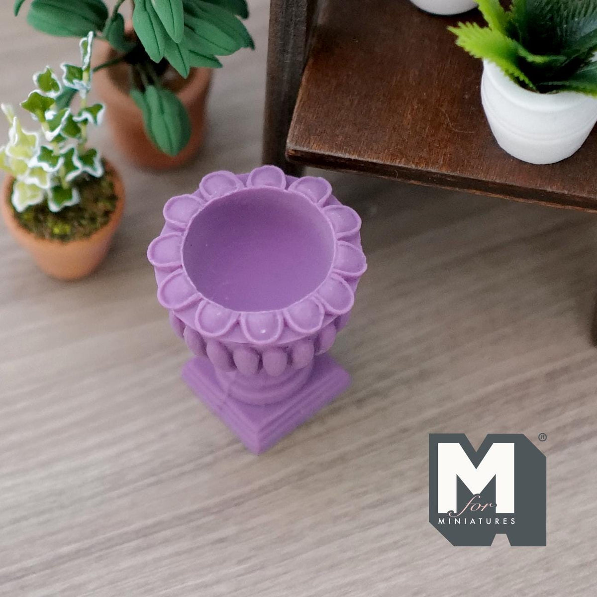 1:12 Scale Miniature Roman Style Pedestal Urn Vase, Fluted Rim, 1-9/16 inch tall, DIY Dollhouse Supply (cast resin) (lilac)