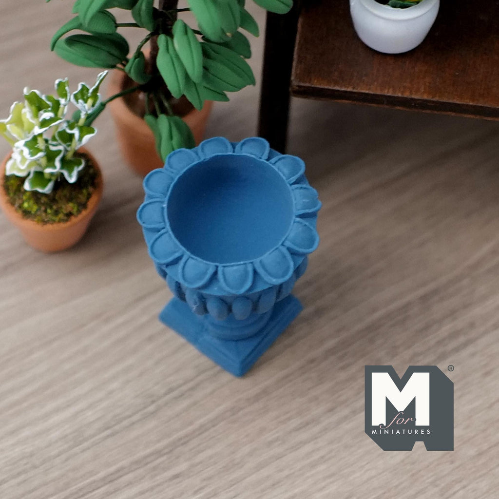 1:12 Scale Miniature Roman Style Pedestal Urn Vase, Fluted Sides, 1-9/16 inch tall, DIY Dollhouse Supply (cast resin) (blue)