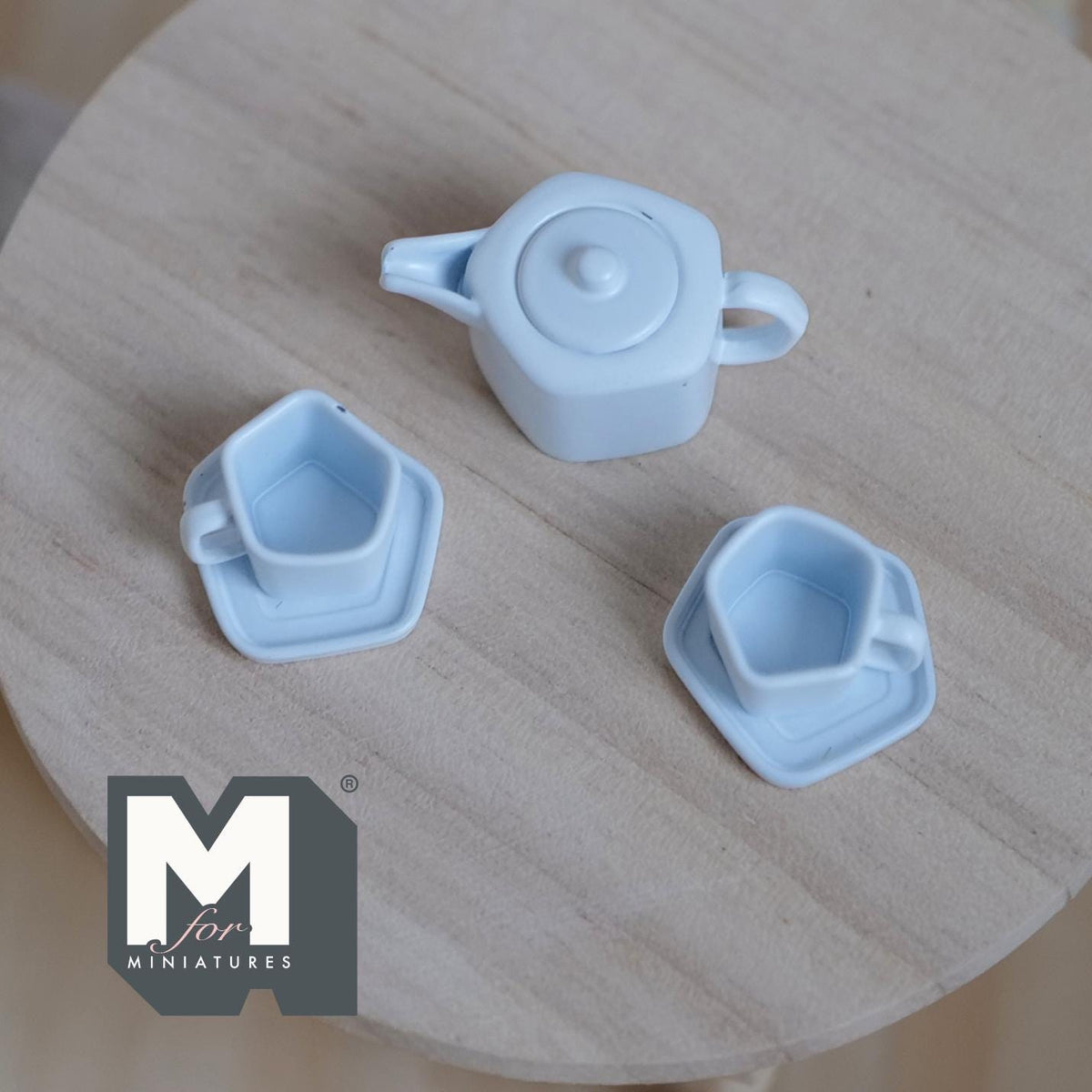 1:12 Scale Miniature Metal Pentagon Teapot with Cups and Plates, Set of 5, 9/16 inch tall, DIY Dollhouse Supply (white)