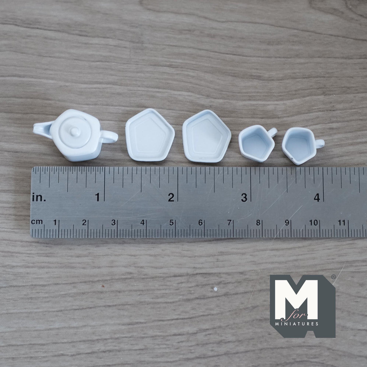 1:12 Scale Miniature Metal Pentagon Teapot with Cups and Plates, Set of 5, 9/16 inch tall, DIY Dollhouse Supply (white)