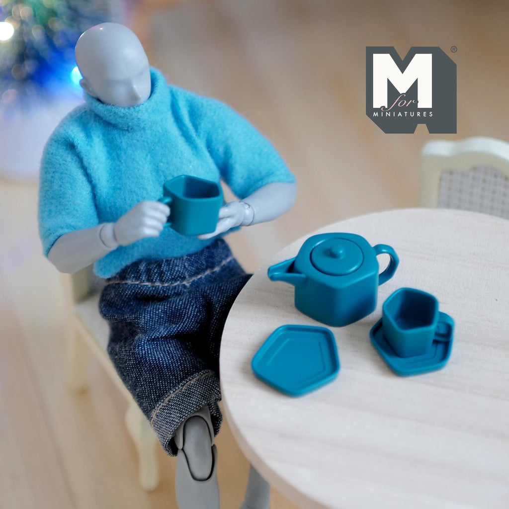 1:12 Scale Miniature Metal Pentagon Teapot with Cups and Plates, Set of 5, 9/16 inch tall, DIY Dollhouse Supply (teal)