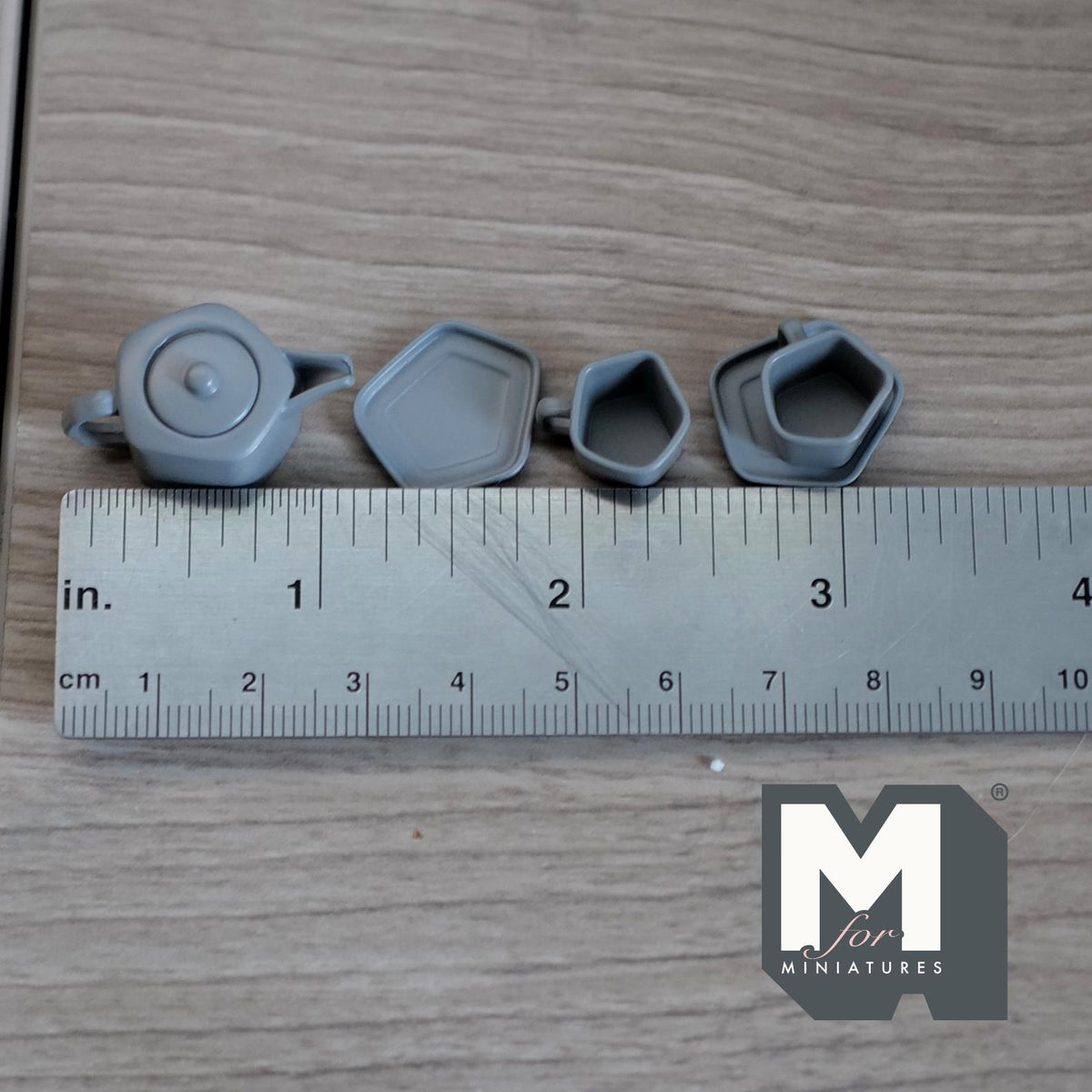 1:12 Scale Miniature Metal Pentagon Teapot with Cups and Plates, Set of 5, 9/16 inch tall, DIY Dollhouse Supply (gray)