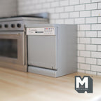 1:12 scale miniature wood dishwasher with opening door and racks in silver, shown in a white tiled kitchen