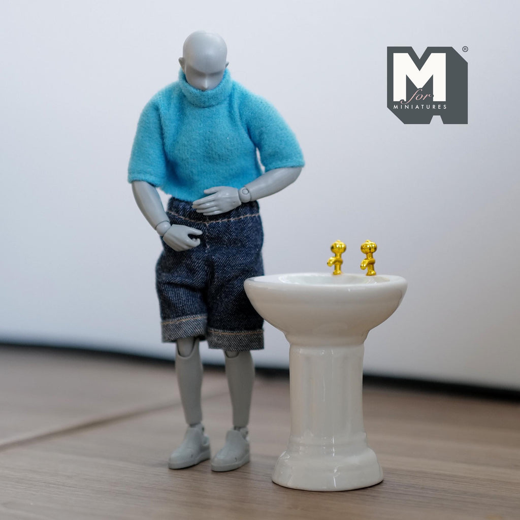 1:12 Scale Miniature Ceramic Pedestal Sink with Gold Faucets, 3 inch tall, DIY Dollhouse Supply (white)