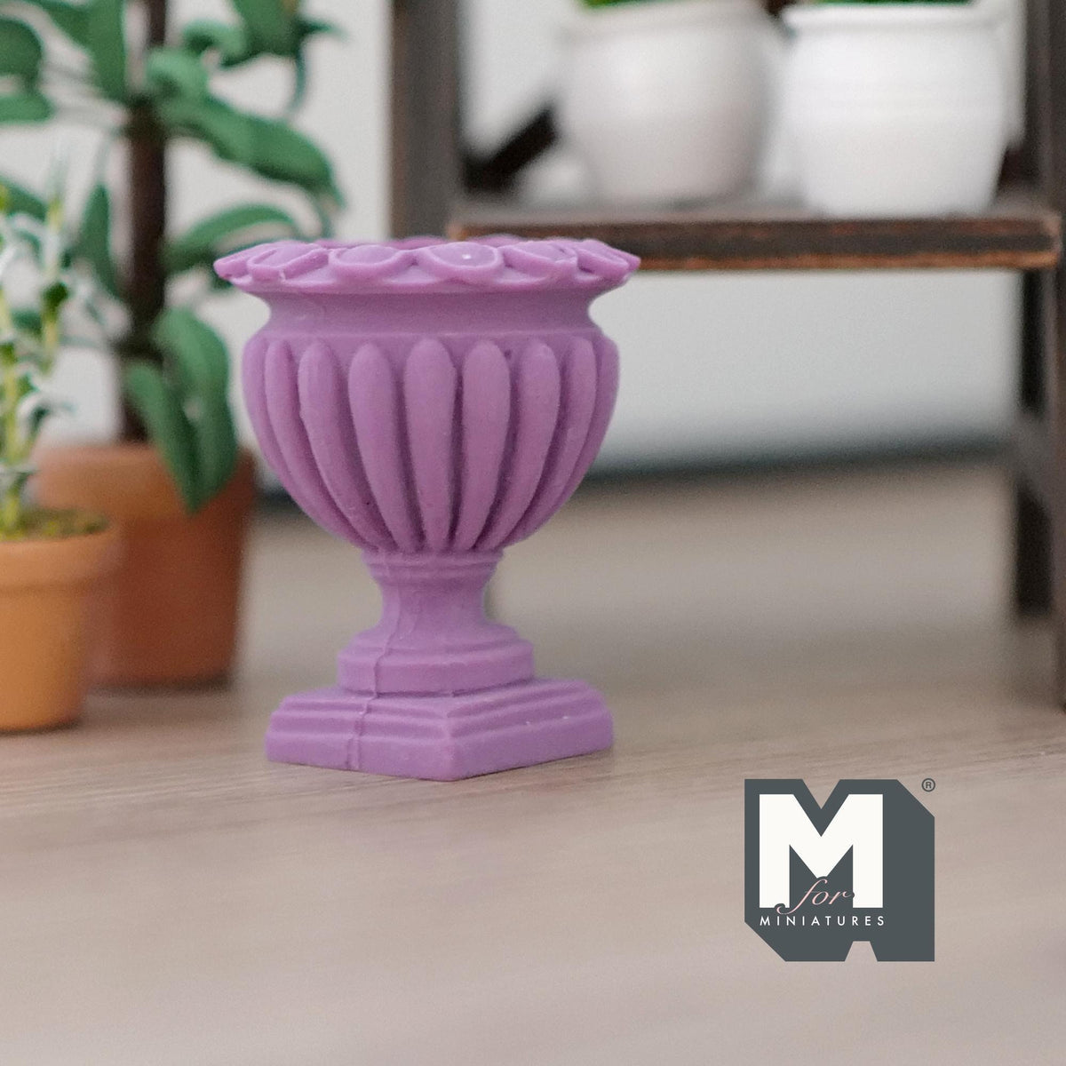 1:12 Scale Miniature Roman Style Pedestal Urn Vase, Fluted Rim, 1-9/16 inch tall, DIY Dollhouse Supply (cast resin) (lilac)