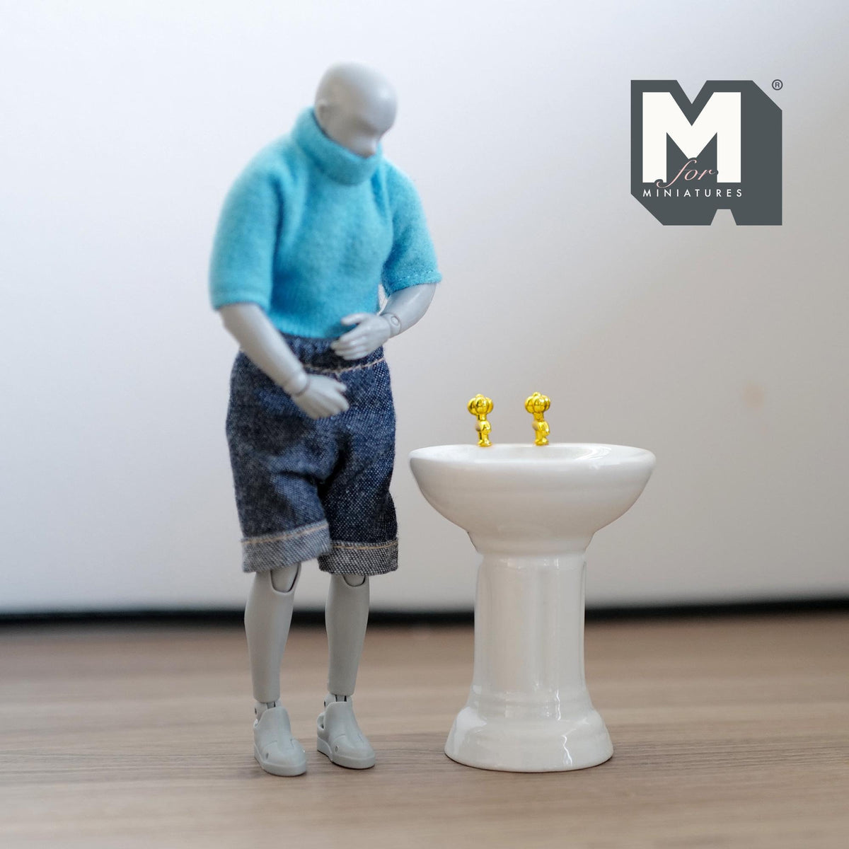 1:12 Scale Miniature Ceramic Pedestal Sink with Gold Faucets, 3 inch tall, DIY Dollhouse Supply (white)