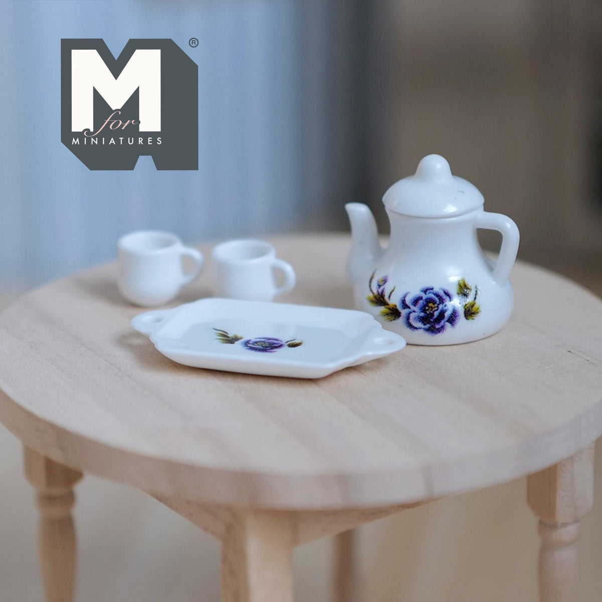 1:12 Scale Miniature Porcelain Teapot Set with Cups and Tray, Purple and Blue Floral Pattern, Set of 4, DIY Dollhouse Supply (white)