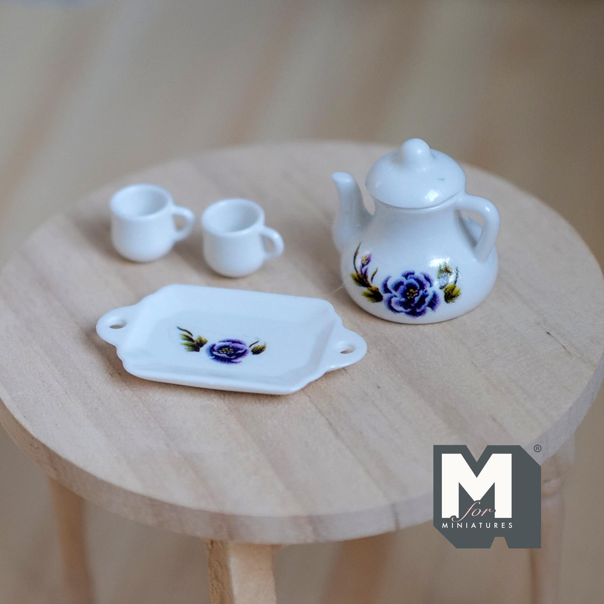 1:12 Scale Miniature Porcelain Teapot Set with Cups and Tray, Purple and Blue Floral Pattern, Set of 4, DIY Dollhouse Supply (white)
