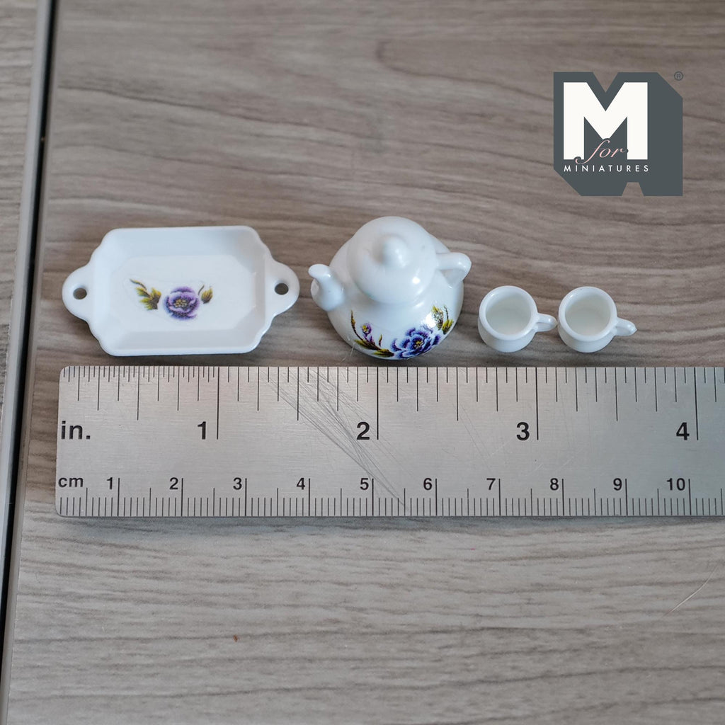 1:12 Scale Miniature Porcelain Teapot Set with Cups and Tray, Purple and Blue Floral Pattern, Set of 4, DIY Dollhouse Supply (white)