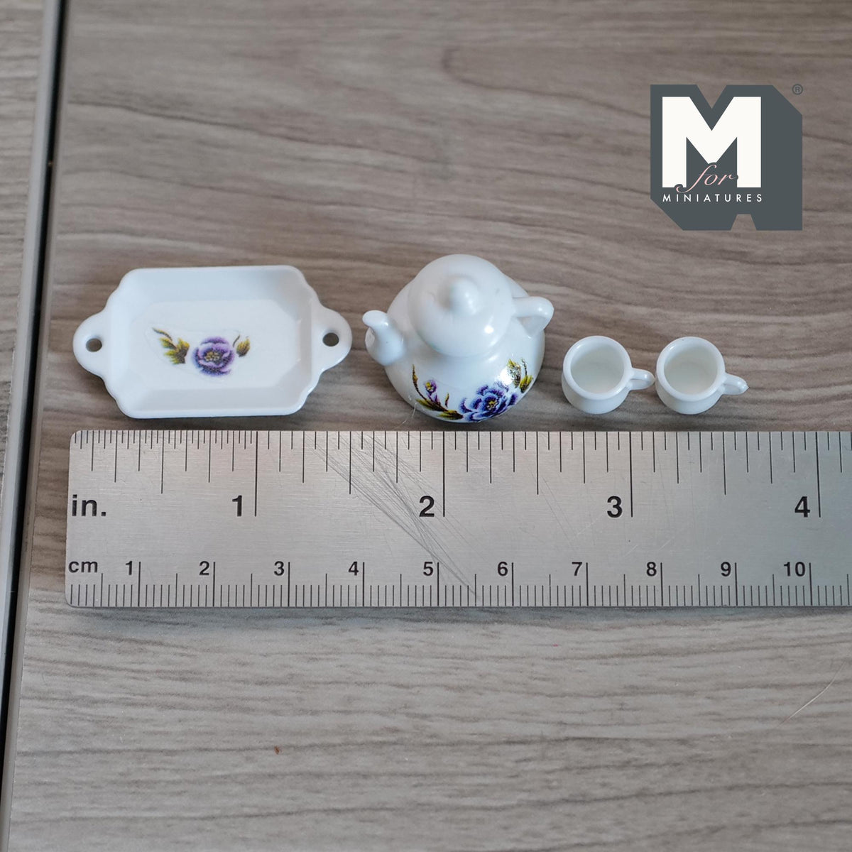 1:12 Scale Miniature Porcelain Teapot Set with Cups and Tray, Purple and Blue Floral Pattern, Set of 4, DIY Dollhouse Supply (white)