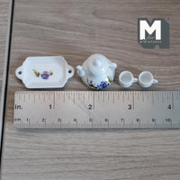 Miniature 4 Piece Teapot Set 1:12 Scale Miniature Teacups Tray and Teapot 7/8 inch dia. (plastic) - B023