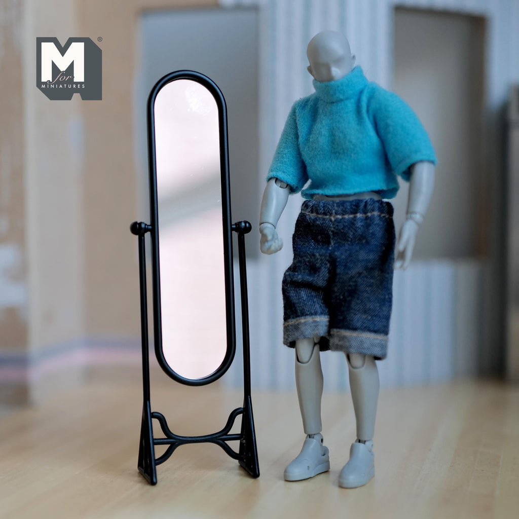 1:12 Scale Miniature Full Length Cheval Mirror, Oval, Tilting Stand, 5-3/16 inch tall, DIY Dollhouse Supply (metal) (black)
