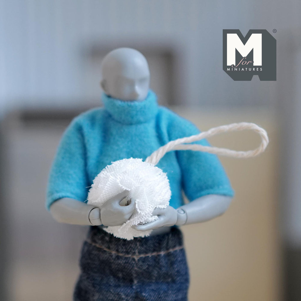 1:12 Scale Miniature Shower Loofah with Hanging Cord, 7/8 inch dia., DIY Dollhouse Supply (white)