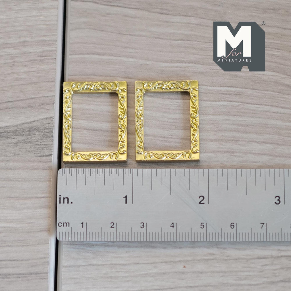 1:12 Scale Miniature Ornate Picture Frames, Set of 2, 1-1/8 inch tall, DIY Dollhouse Supply (gold)