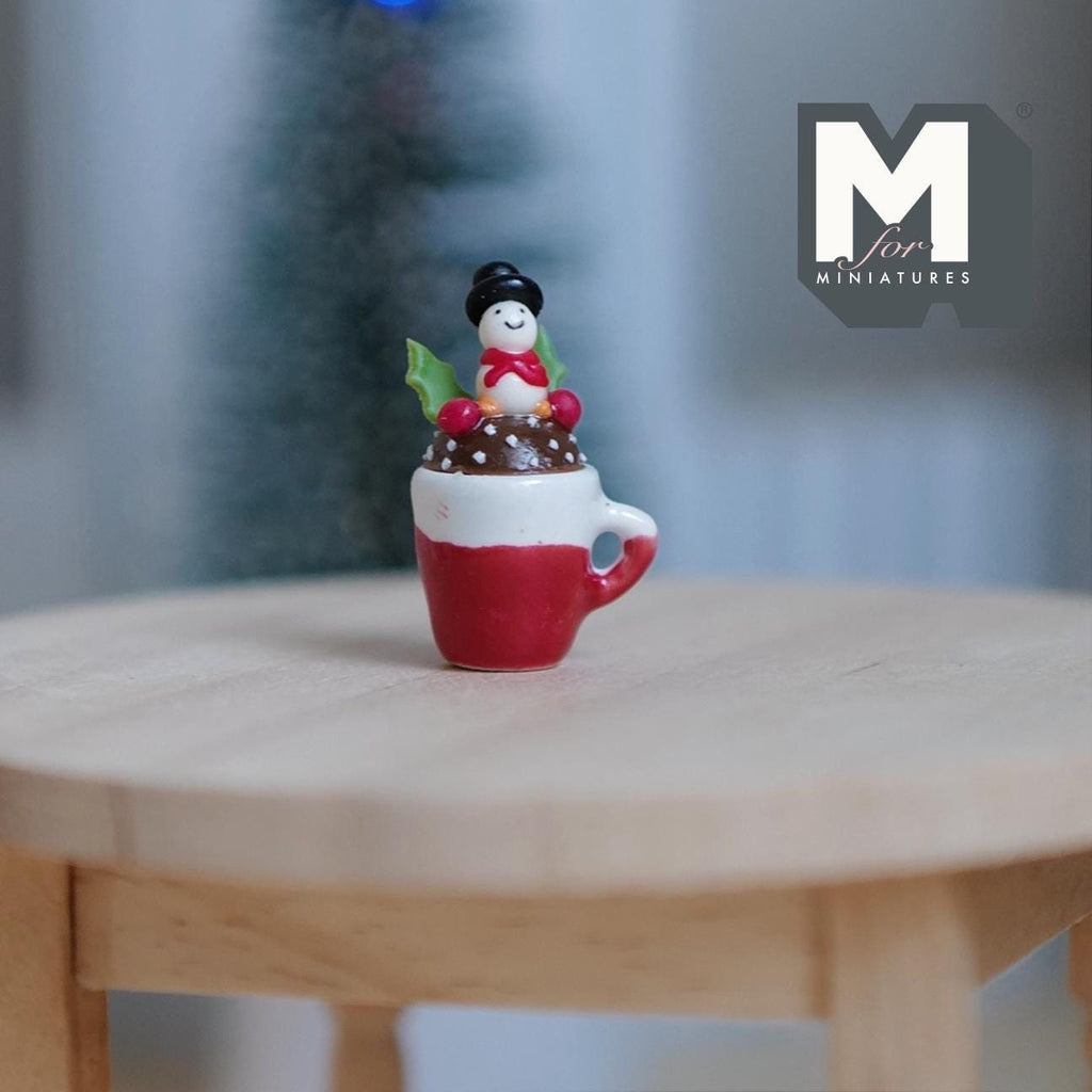 1:12 Scale Miniature Ceramic Hot Chocolate Mug with Snowman Topper, 1 inch tall, DIY Dollhouse Supply (red)