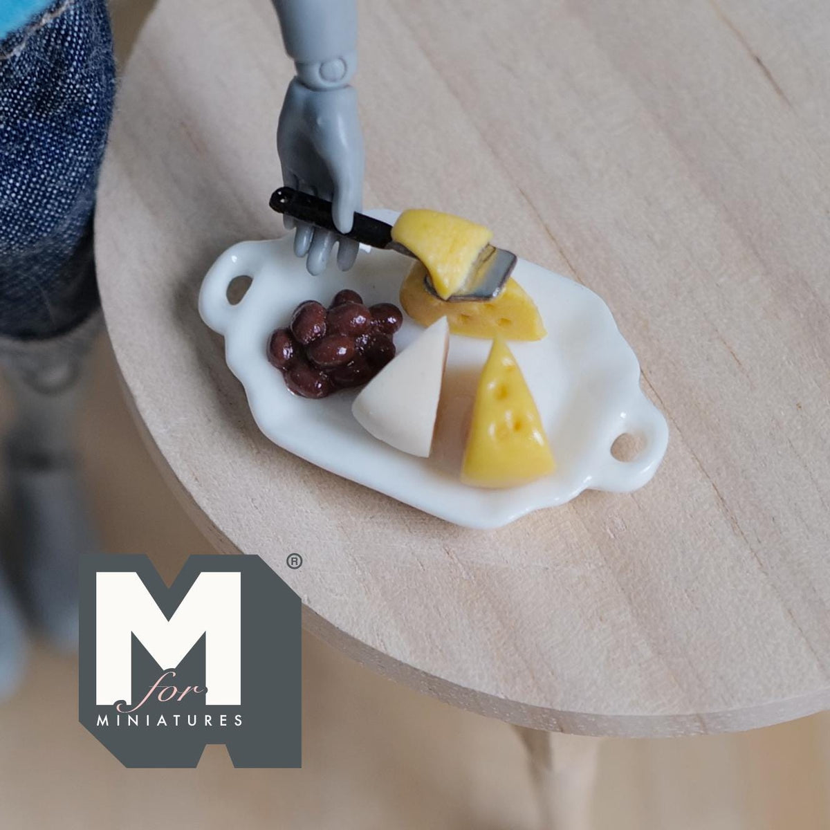 1:12 Scale Miniature Cheese Tray with Wedges, Grapes and Knife, 1-9/16 inch long, DIY Dollhouse Supply (non edible)