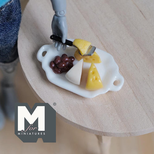 1:12 Scale Miniature Cheese Tray with Wedges, Grapes and Knife, 1-9/16 inch long, DIY Dollhouse Supply (non edible)