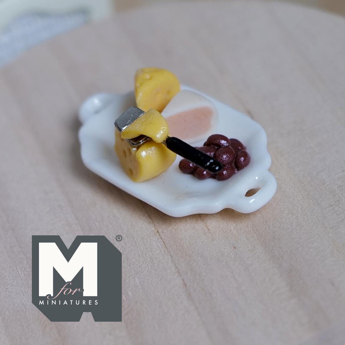 1:12 Scale Miniature Cheese Tray with Wedges, Grapes and Knife, 1-9/16 inch long, DIY Dollhouse Supply (non edible)