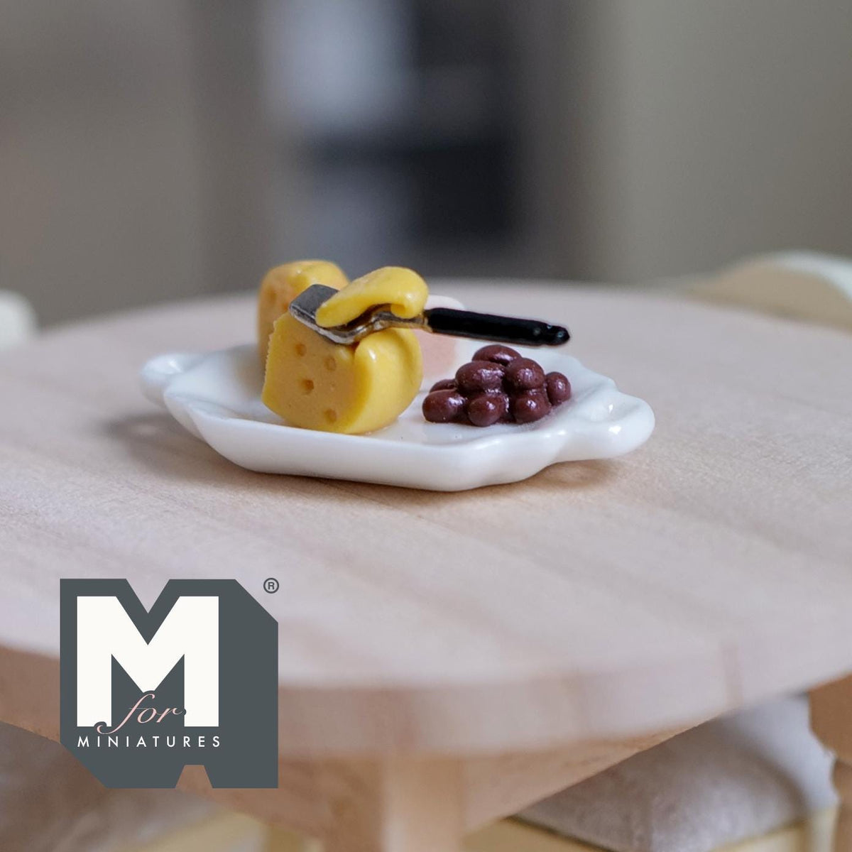 1:12 Scale Miniature Cheese Tray with Wedges, Grapes and Knife, 1-9/16 inch long, DIY Dollhouse Supply (non edible)