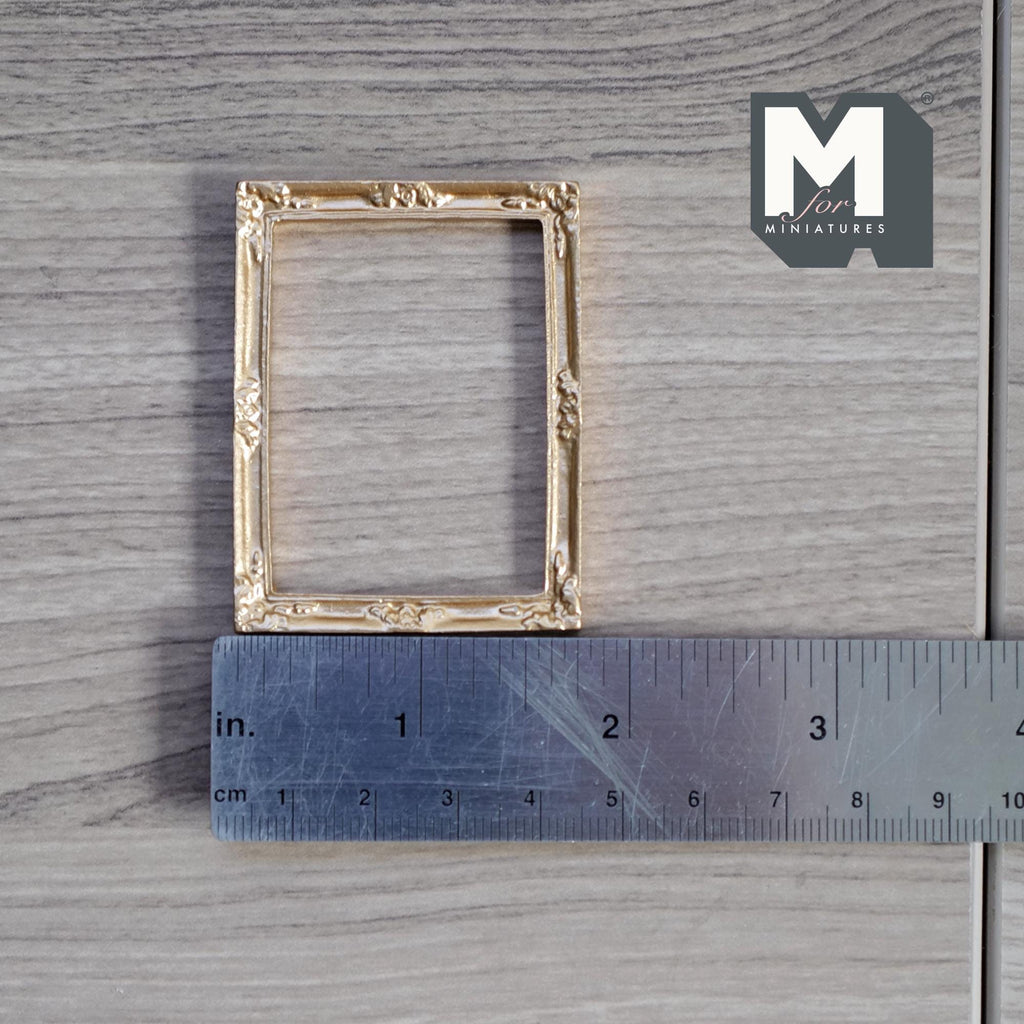1:12 Scale Miniature Ornate Rectangular Picture Frame, Slim Border, 2-3/16 inch tall, DIY Dollhouse Supply (gold) (resin)