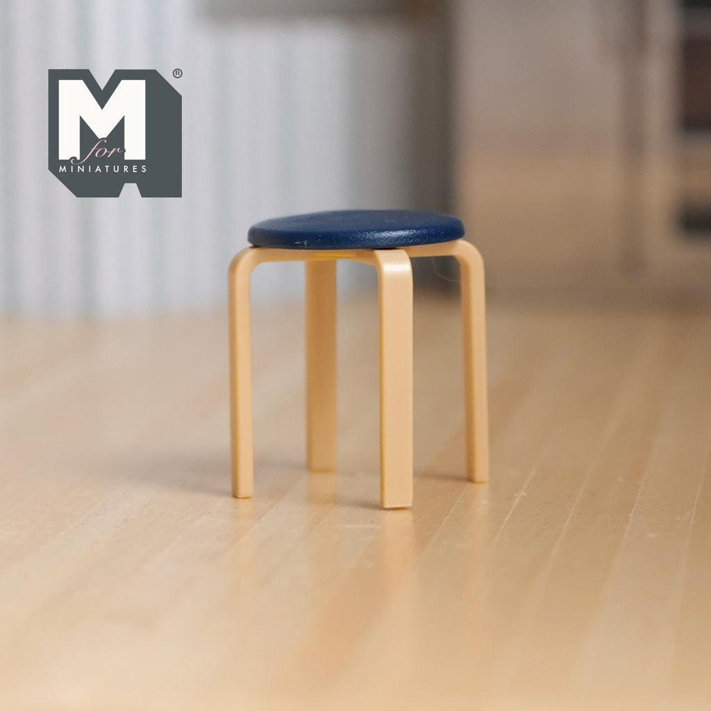 1:12 Scale Miniature Round Stool with Wood Legs, 1-9/16 inch tall, DIY Dollhouse Supply (dark blue)