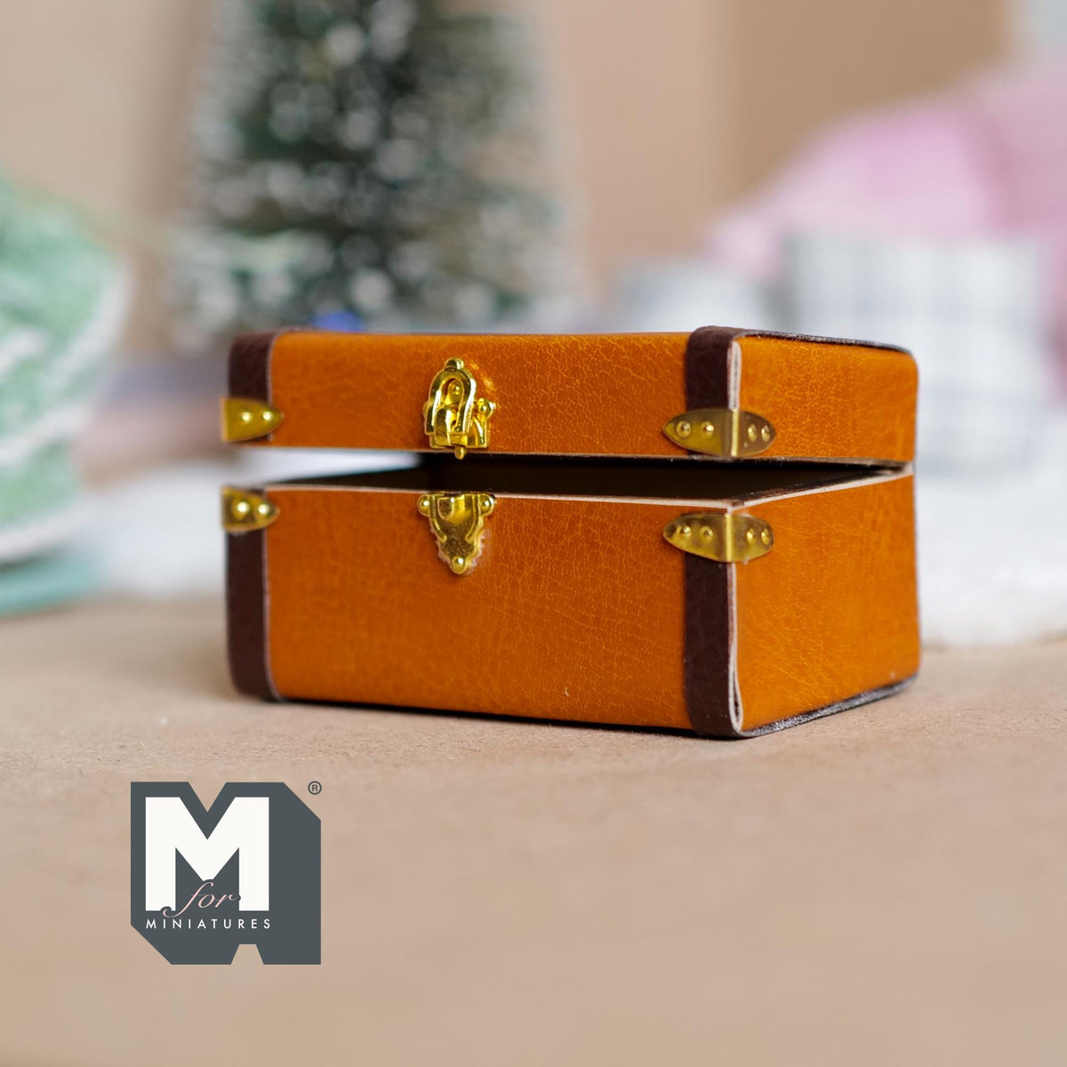 1:12 Scale Miniature Leather Look Wood Storage Trunk with Straps and Clasps, 2-5/16 inch long, DIY Dollhouse Supply (light brown)