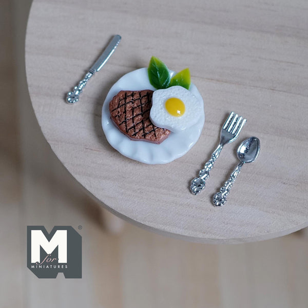 Miniature Steak and Egg 1:12 Scale Dollhouse Food Grilled Steak and Egg on Plate with Cutlery 15/16 inch dia. - E027