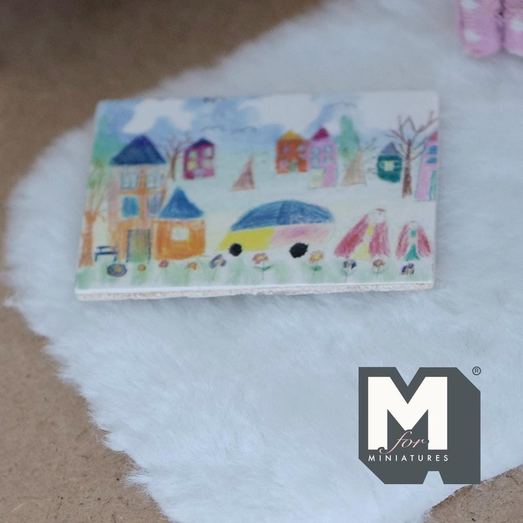 1:12 Scale Miniature Kid's Drawing Picture of Village Houses, Wood Backing, 2-9/16 inch wide, DIY Dollhouse Supply