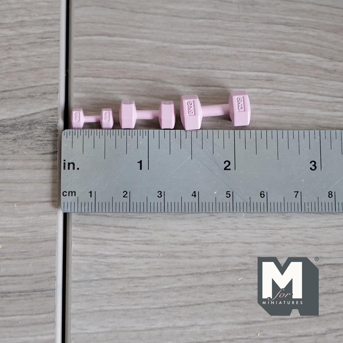 1:12 Scale Miniature Hexagon Dumbbells, Set of 3, 13/16 inch long, DIY Dollhouse Supply (metal) (pink)