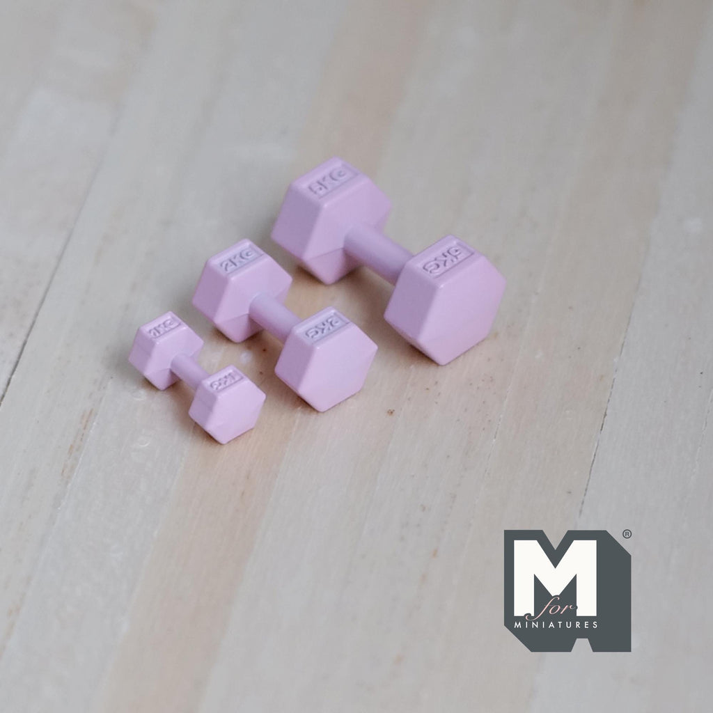 1:12 Scale Miniature Hexagon Dumbbells, Set of 3, 13/16 inch long, DIY Dollhouse Supply (metal) (pink)