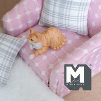 Miniature Relaxing Tabby Cat 1:12 Scale Dollhouse Animal Cat 1-5/16 inch long (resin) (cream) - C048