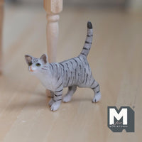 Miniature Walking Tabby Cat 1:12 Scale Dollhouse Animal 1-9/16 inch long (resin) (gray) - C048