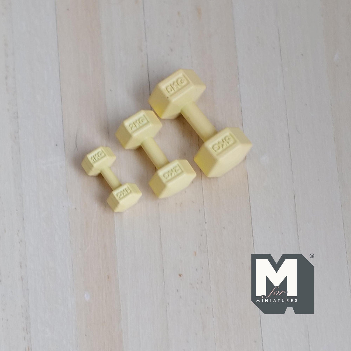 1:12 Scale Miniature Hexagon Dumbbells, Set of 3, 13/16 inch long, DIY Dollhouse Supply (metal) (pale yellow)