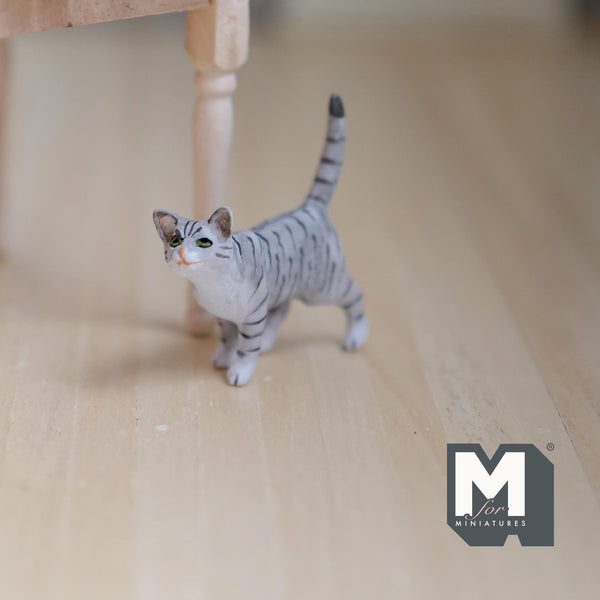 Miniature Walking Tabby Cat 1:12 Scale Dollhouse Animal 1-9/16 inch long (resin) (gray) - C048