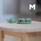 Dollhouse Teapot Cups and Tray Set 1:12 Scale Miniature Ceramic Set of 6 (green) - A036