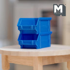 1:12 scale miniature stackable storage bins in blue, set of 2, open front parts bins stacked on a round wood table