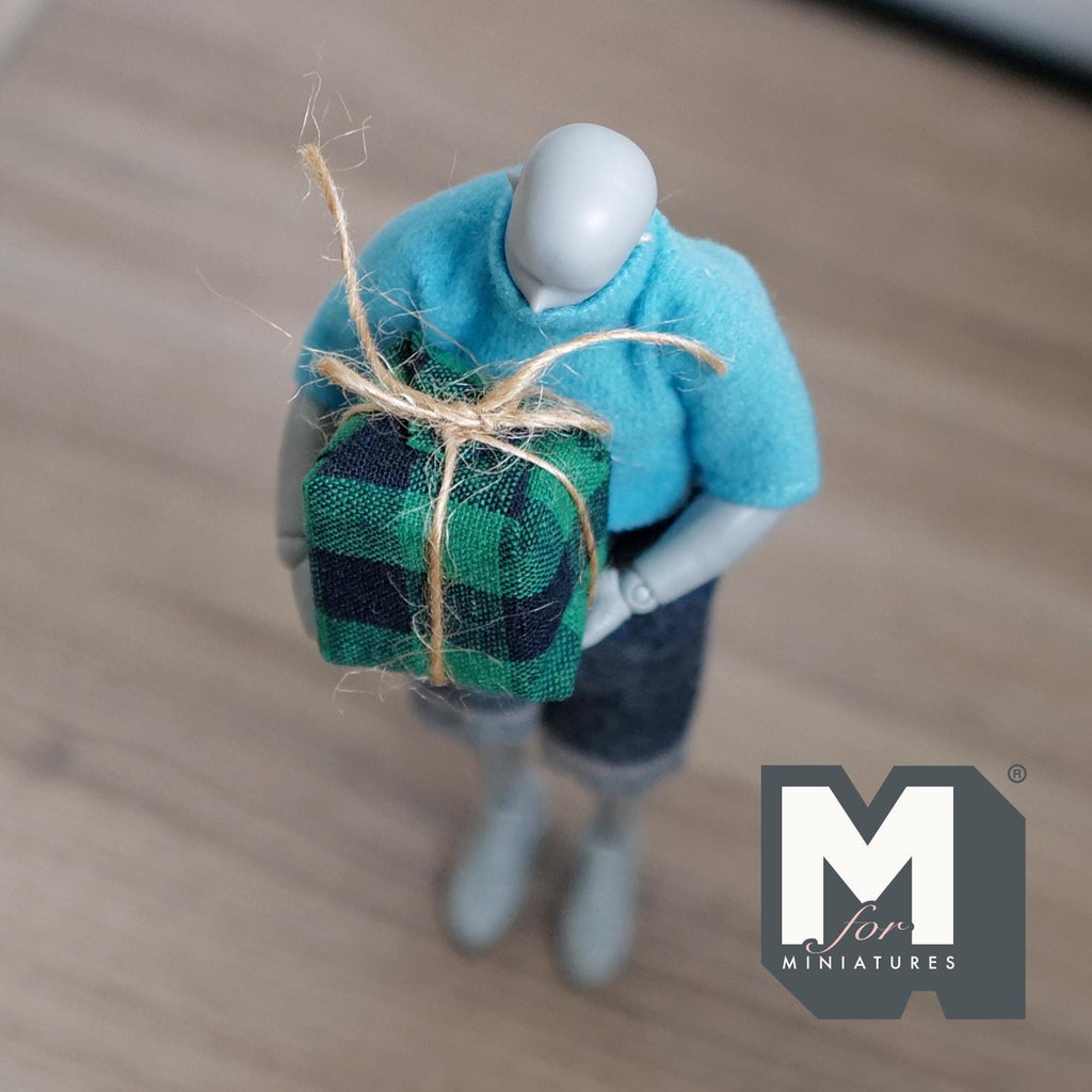 1:12 Scale Miniature Large Wrapped Gift Boxes, Set of 4, Plaid Fabric with Twine, 15/16 inch wide, DIY Dollhouse Supply