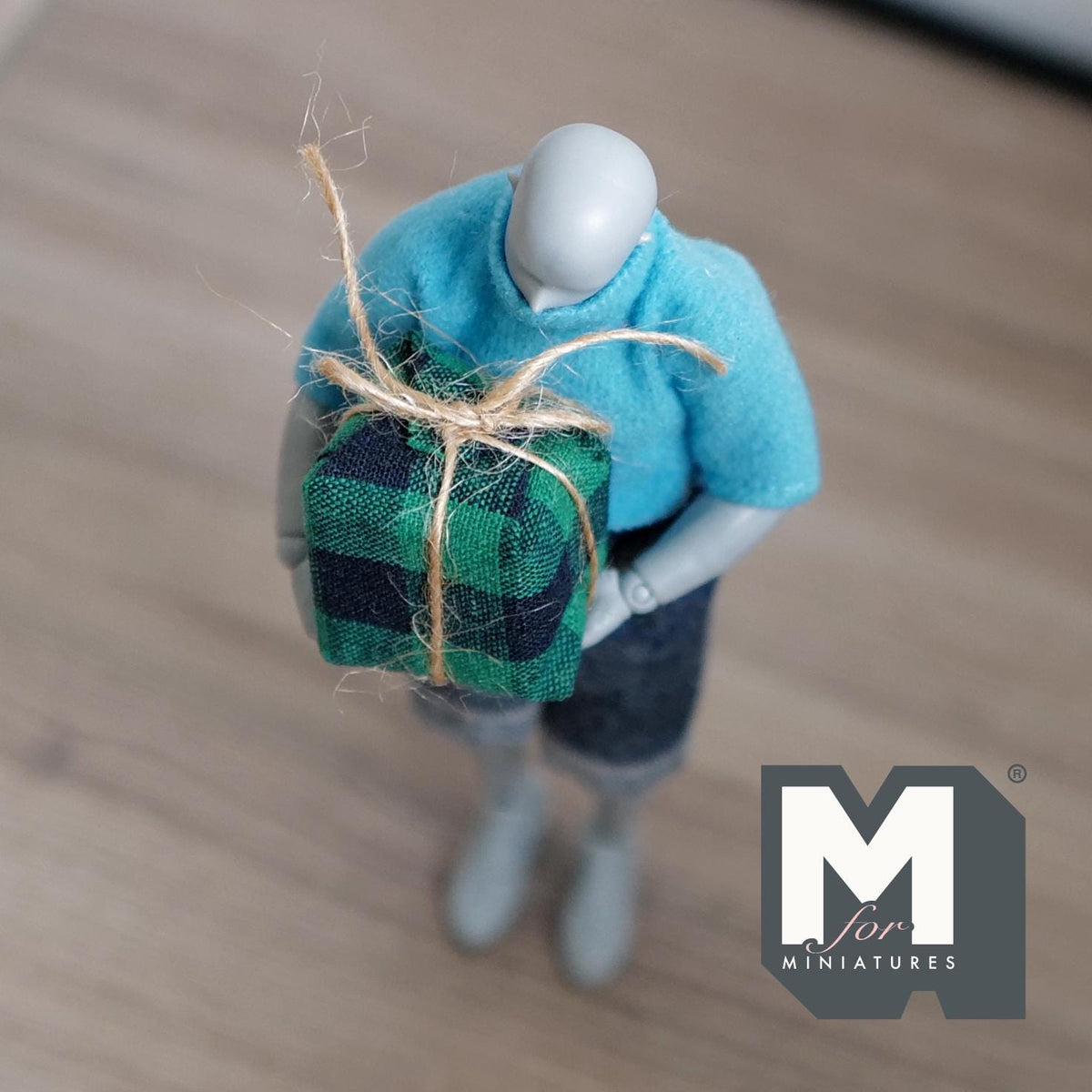 1:12 Scale Miniature Large Wrapped Gift Boxes, Set of 4, Plaid Fabric with Twine, 15/16 inch wide, DIY Dollhouse Supply