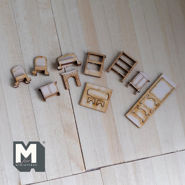 Dollhouse Supplies Miniature Baby Furniture Set Baby Chair Bedframe Bookcase Closet Sideboard Dining Table Bench Set of 10 (wood) - G033