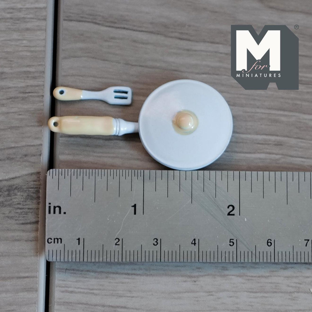 1:12 Scale Miniature Frying Pan with Lid and Spatula, 1-7/8 inch long, DIY Dollhouse Supply (metal) (white)