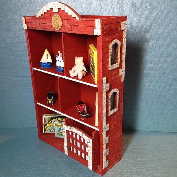 1:12 Scale Miniature Wood Firehouse Bookcase Kit with Garage Door Toy Box, Unassembled, 5-7/8 inch tall, DIY Dollhouse Supply
