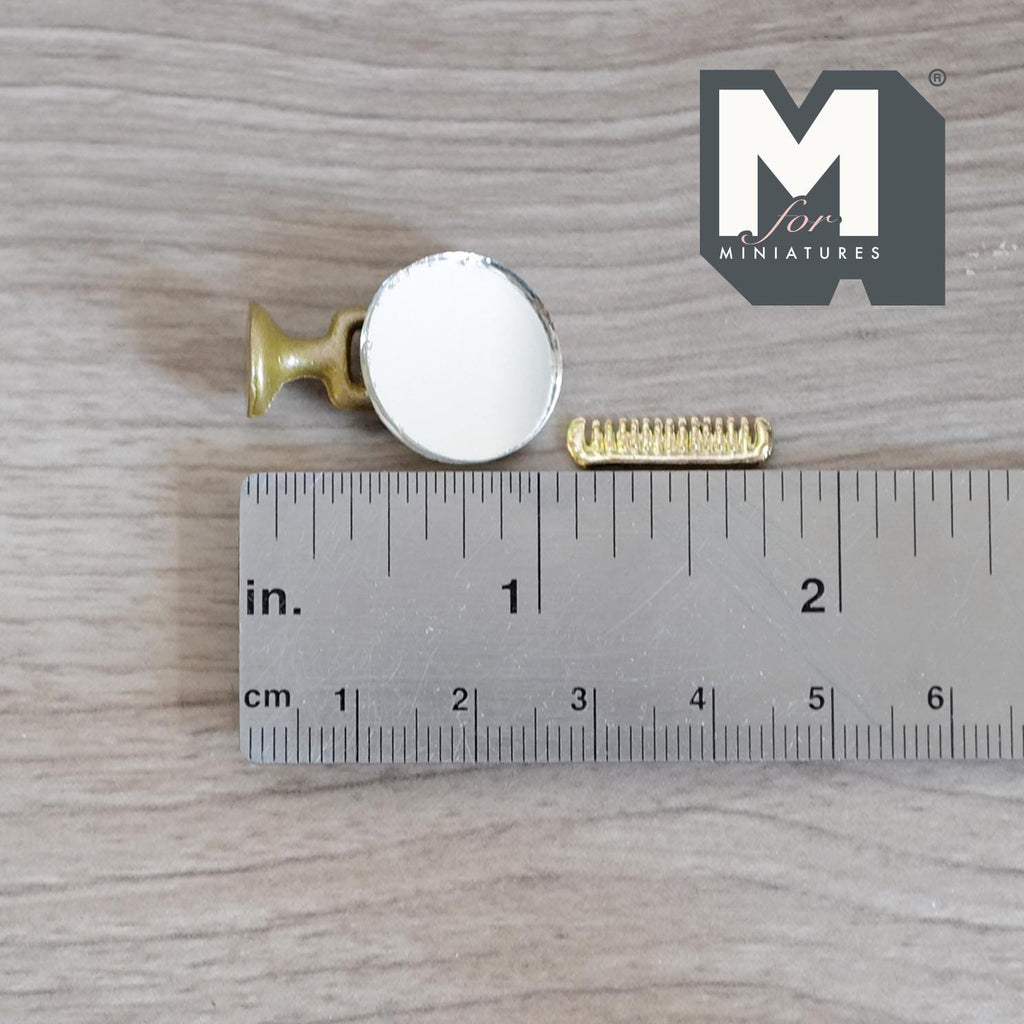 1:12 Scale Miniature Round Vanity Mirror on Stand with Comb, 1-1/8 inch tall, DIY Dollhouse Supply (brass)