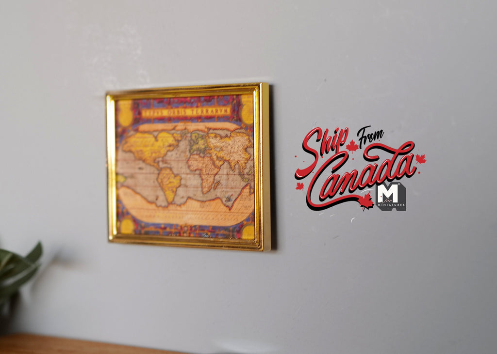 1:12 Scale Miniature Antique World Map in Metal Frame, 2-3/8 inch tall, DIY Dollhouse Supply (gold)