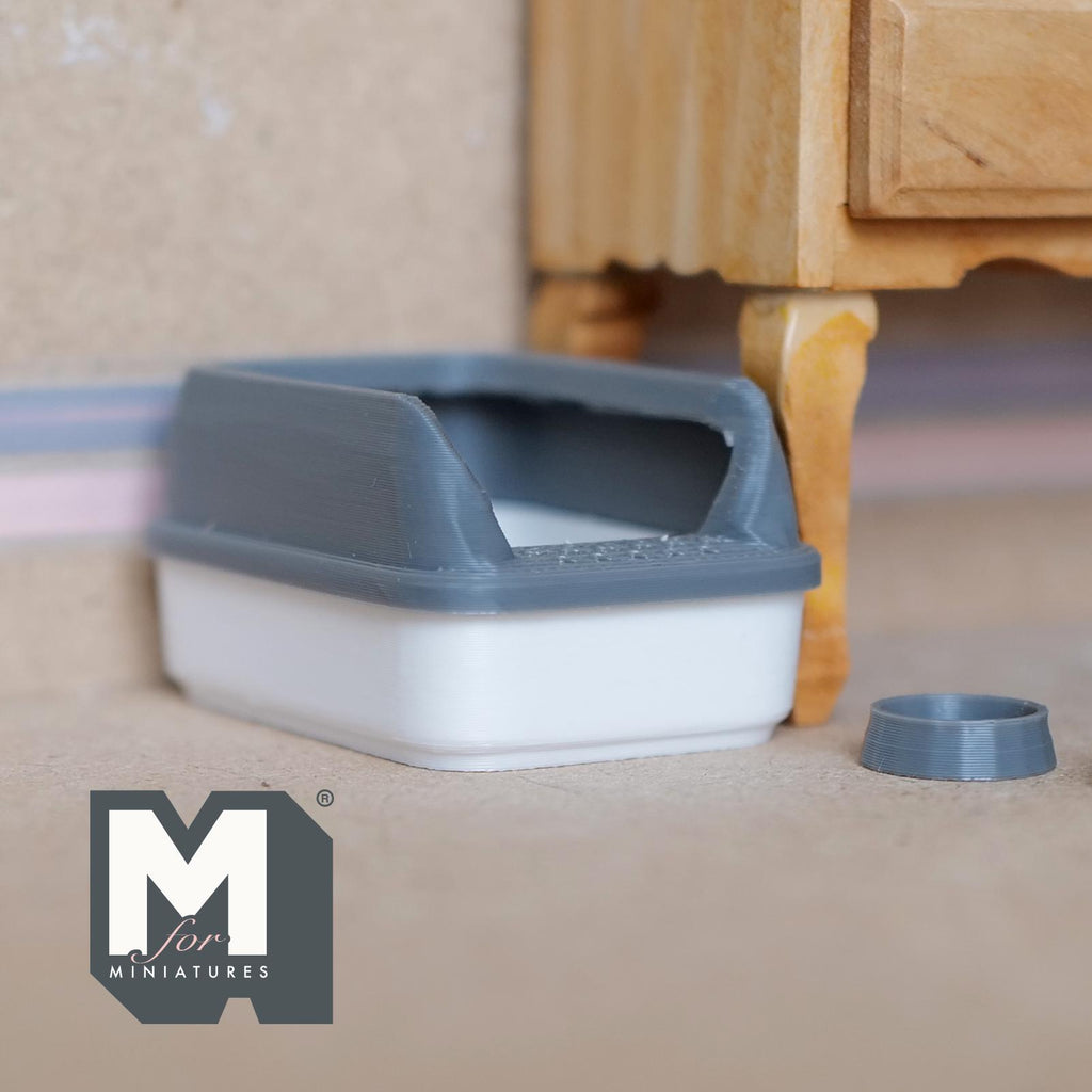1:12 Scale Miniature Cat Litter Box with Lid, Scoop and Food Bowl, 1-15/16 inch long, DIY Dollhouse Supply (gray)