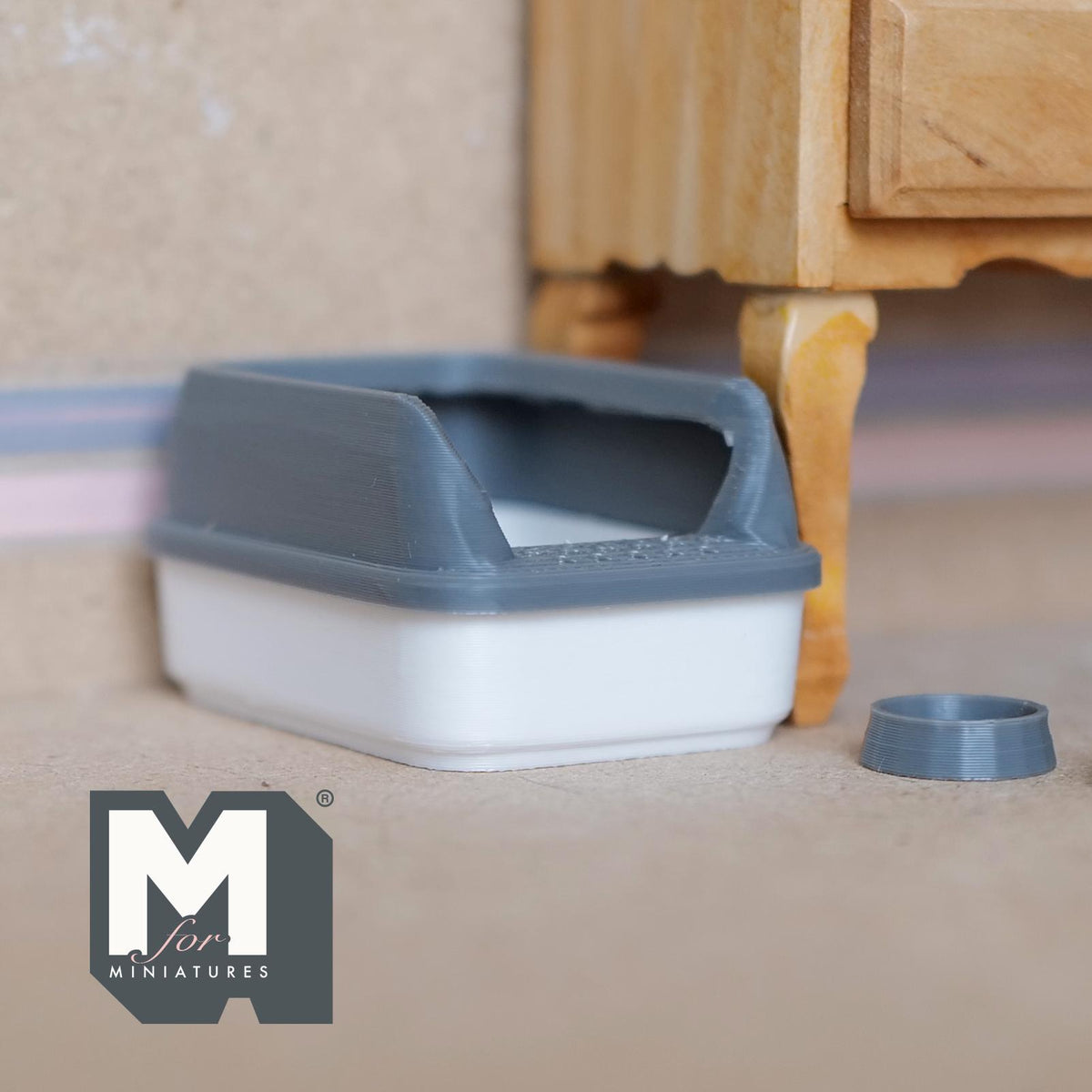 1:12 Scale Miniature Cat Litter Box with Lid, Scoop and Food Bowl, 1-15/16 inch long, DIY Dollhouse Supply (gray)