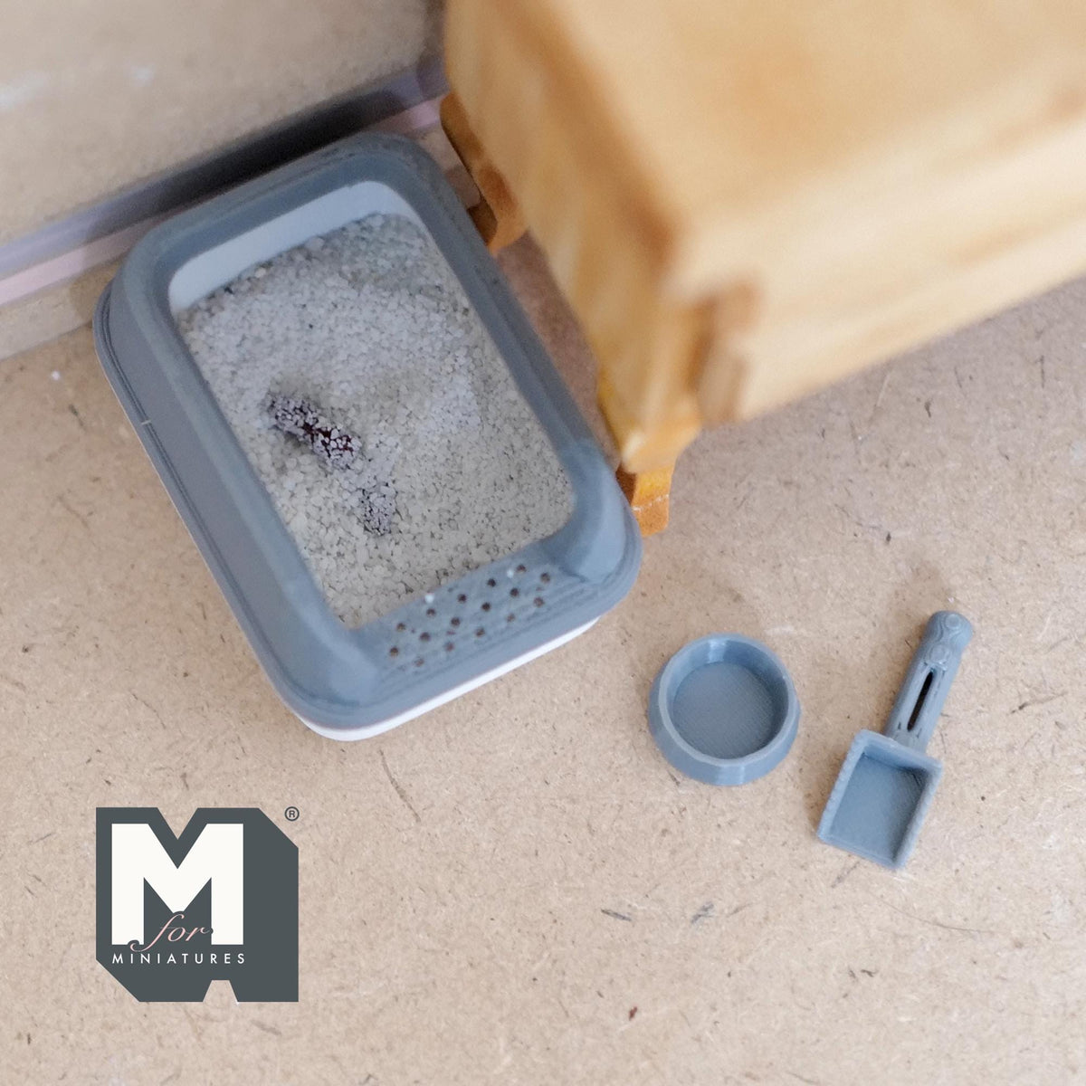 1:12 Scale Miniature Cat Litter Box with Lid, Scoop and Food Bowl, 1-15/16 inch long, DIY Dollhouse Supply (gray)