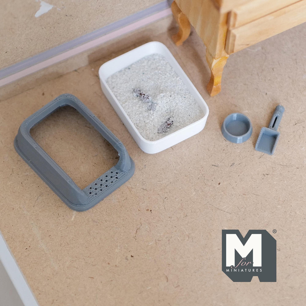 1:12 Scale Miniature Cat Litter Box with Lid, Scoop and Food Bowl, 1-15/16 inch long, DIY Dollhouse Supply (gray)